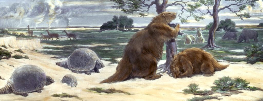 Painting of a prehistoric landscape with giant ground sloths, Glyptodon armadillos, and other ancient animals. Soft colors, calm, natural setting.