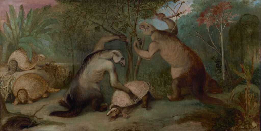 Illustration of prehistoric mammals in a lush jungle setting. Two giant sloths and armadillo-like creatures interact. Rich greens and browns dominate.