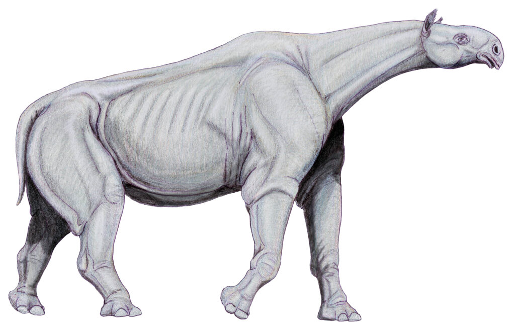 Illustration of a large, prehistoric mammal with a long neck and robust body. It appears dinosaur-like, with thick legs and a serene expression.