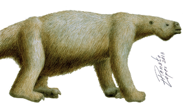 Illustration of a large prehistoric ground sloth compared to a human silhouette for scale. The sloth is covered in thick fur and stands on four legs.