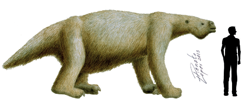 Illustration of a large prehistoric ground sloth compared to a human silhouette for scale. The sloth is covered in thick fur and stands on four legs.