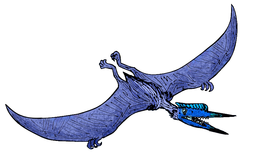 Illustration of a blue pterodactyl flying with wide, textured wings and a long, pointed beak. The creature conveys a dynamic and prehistoric feel.