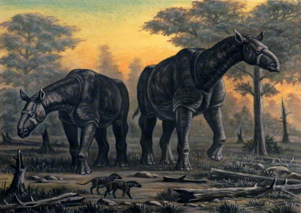 Two large prehistoric mammal-like creatures walk through a dense, swampy forest at dawn. Two smaller creatures follow. The scene feels ancient and mysterious.