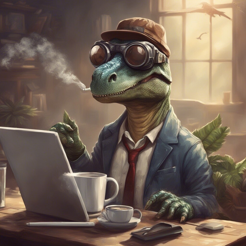 Dinosaur using touchscreen computer for work