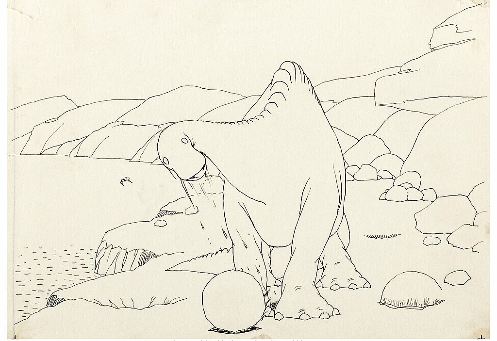 Gertie the Dinosaur and a boulder