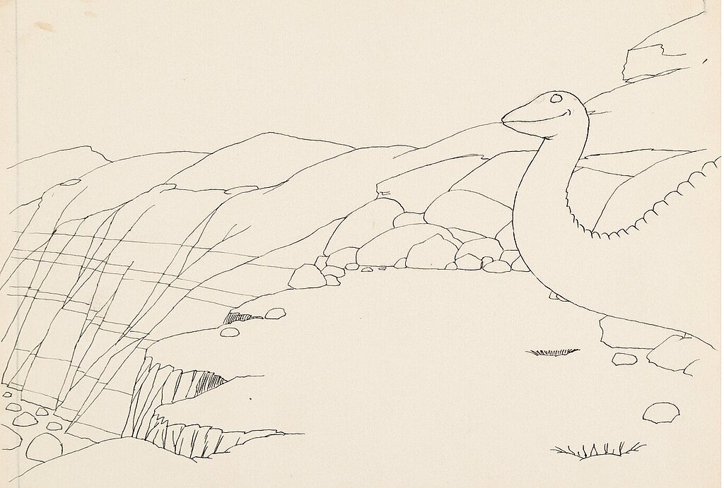 Gertie the Dinosaur looks in from offscreen