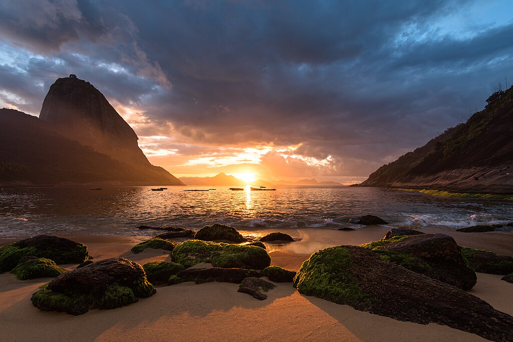 Sunset in Rio de Janeiro, Brazil. Sugarloaf Mountain is visible in the left background