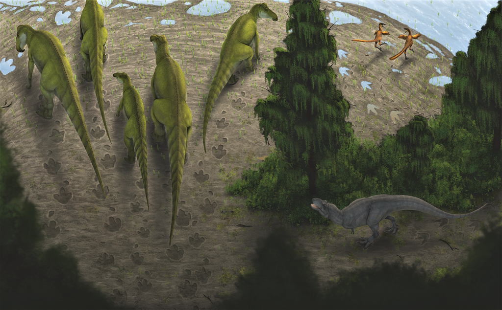 a small herd of Edmontosaurus regalis as they produce tracks in a riverine setting