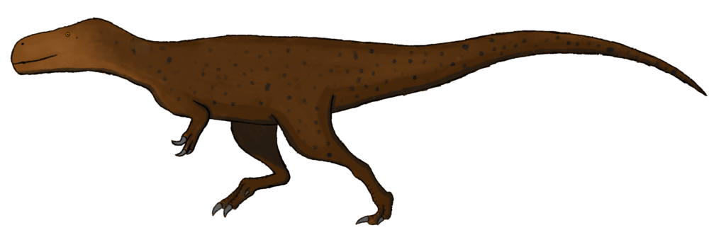 Illustration of a brown dinosaur with a long tail and small forearms, covered in black spots, standing in profile against a white background.