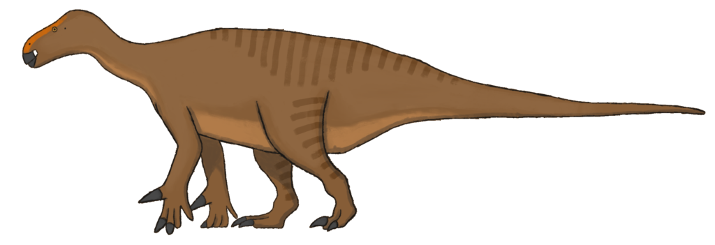 Illustration of a brown dinosaur with a long tail and neck, orange ridge on its head, and three-toed feet, resembling a gentle prehistoric creature.