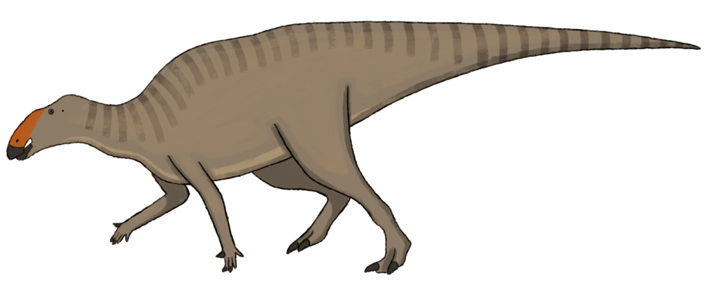 Illustration of a dinosaur with a long tail and orange snout. It has a striped back and stands on four legs, conveying a calm and prehistoric vibe.