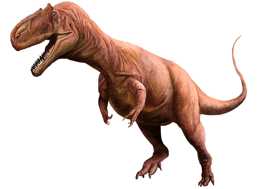 A realistic Tyrannosaurus rex stands with an open mouth, displaying sharp teeth. The dinosaur's textured brown skin is highlighted against a black background.