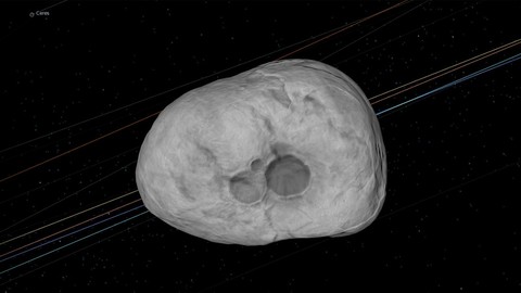 A gray, irregularly shaped asteroid with two visible craters floats against a backdrop of stars and faint line trails, conveying a space theme.