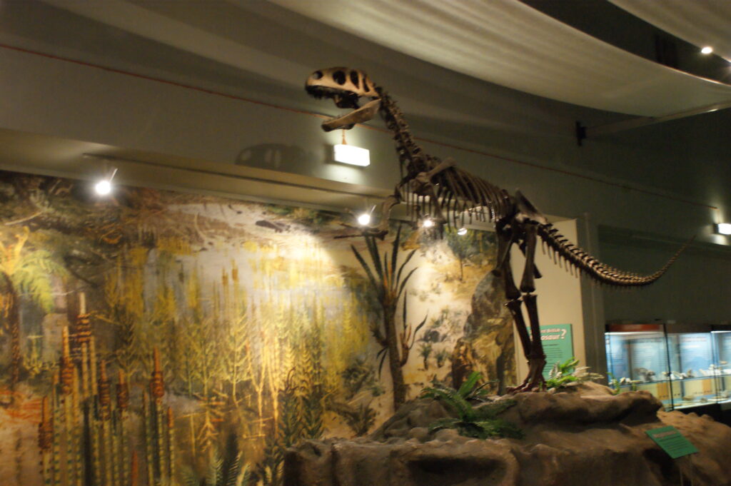 A dinosaur skeleton is displayed in a museum with a mural of prehistoric plants behind it. The scene is dimly lit, creating a dramatic, ancient atmosphere.