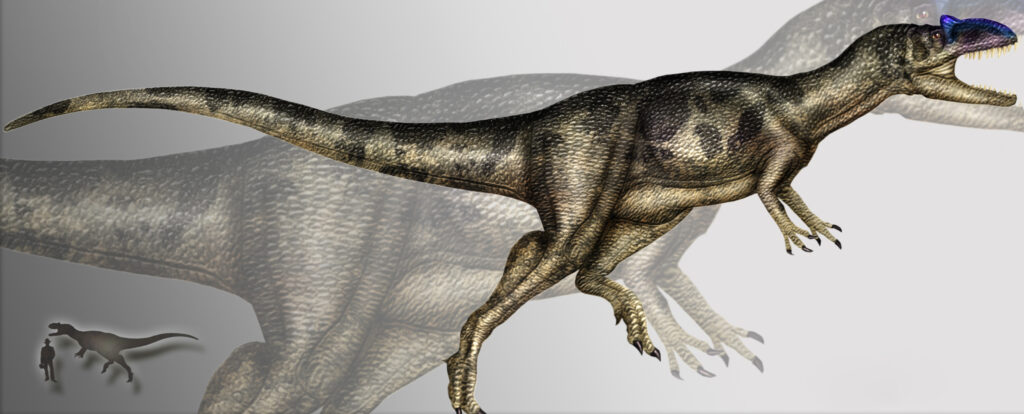 Illustration of a large dinosaur with textured skin, a blue snout, and sharp teeth. A smaller silhouette shows human size for scale, creating a dramatic, prehistoric atmosphere.