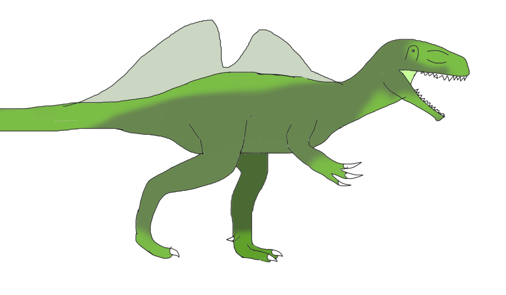 Drawing of a green dinosaur with a long tail and open mouth, showing sharp teeth. It has two back spikes, small front arms, and an alert stance.
