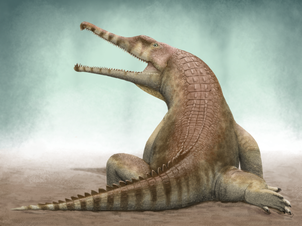 Illustration of a large prehistoric crocodile sitting upright on sandy ground, mouth open. The skin is textured with scales, and the atmosphere is misty.