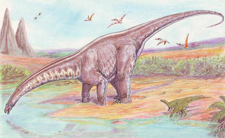 A large dinosaur with a long neck and tail drinks from a stream. Smaller dinosaurs and flying pterosaurs are in the colorful prehistoric landscape.