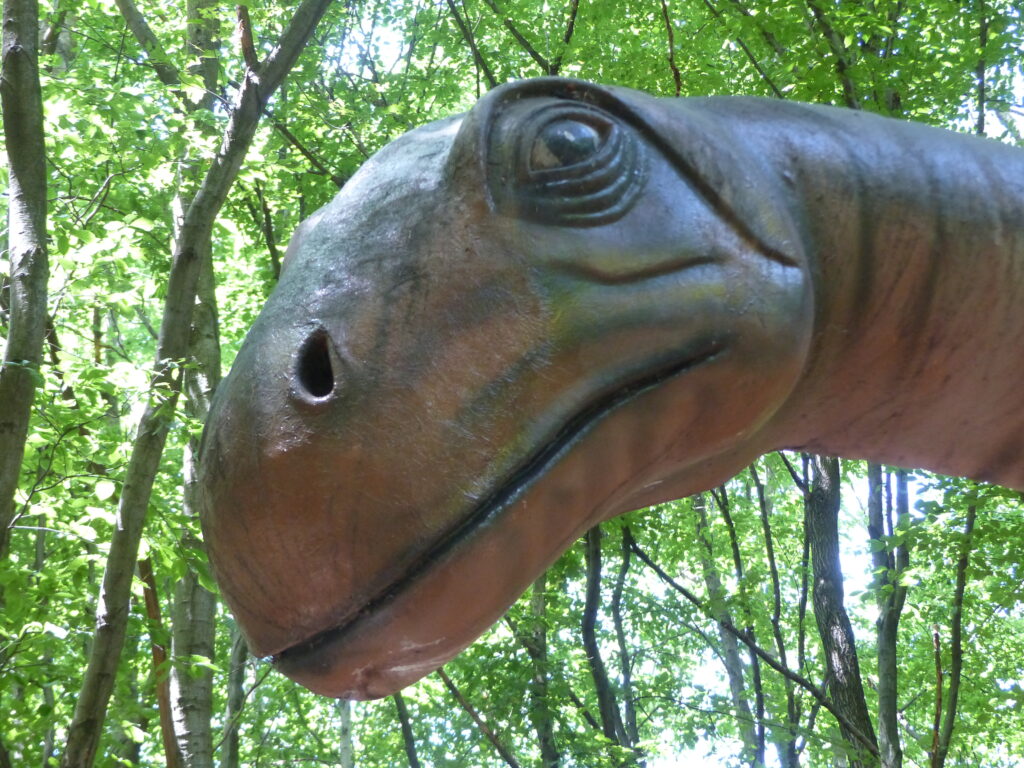 Close-up of a realistic dinosaur sculpture's head with large eyes and curved mouth, set against a background of lush green trees in daylight.