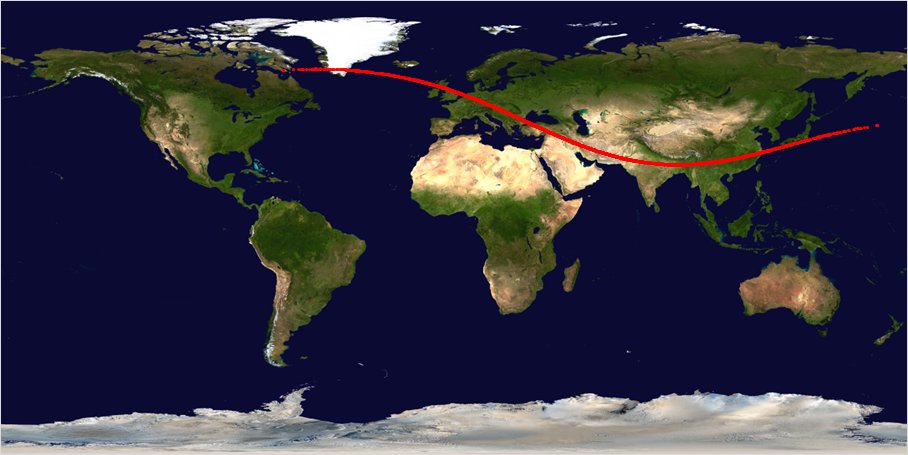 World map featuring a red curved line extending from the western United States across the Arctic, spanning Europe and Asia, indicating a flight path.