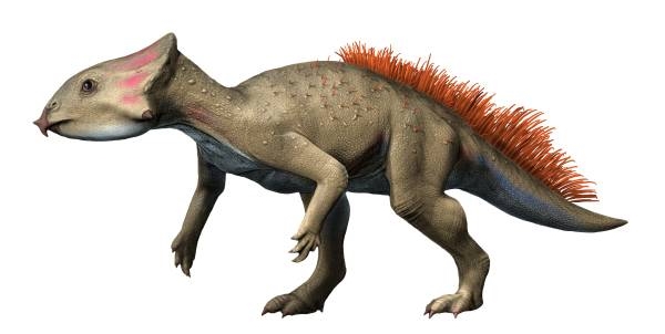 Illustration of a dinosaur resembling a Psittacosaurus, featuring a light brown body, small horns, and orange bristles along its back, in a walking stance.
