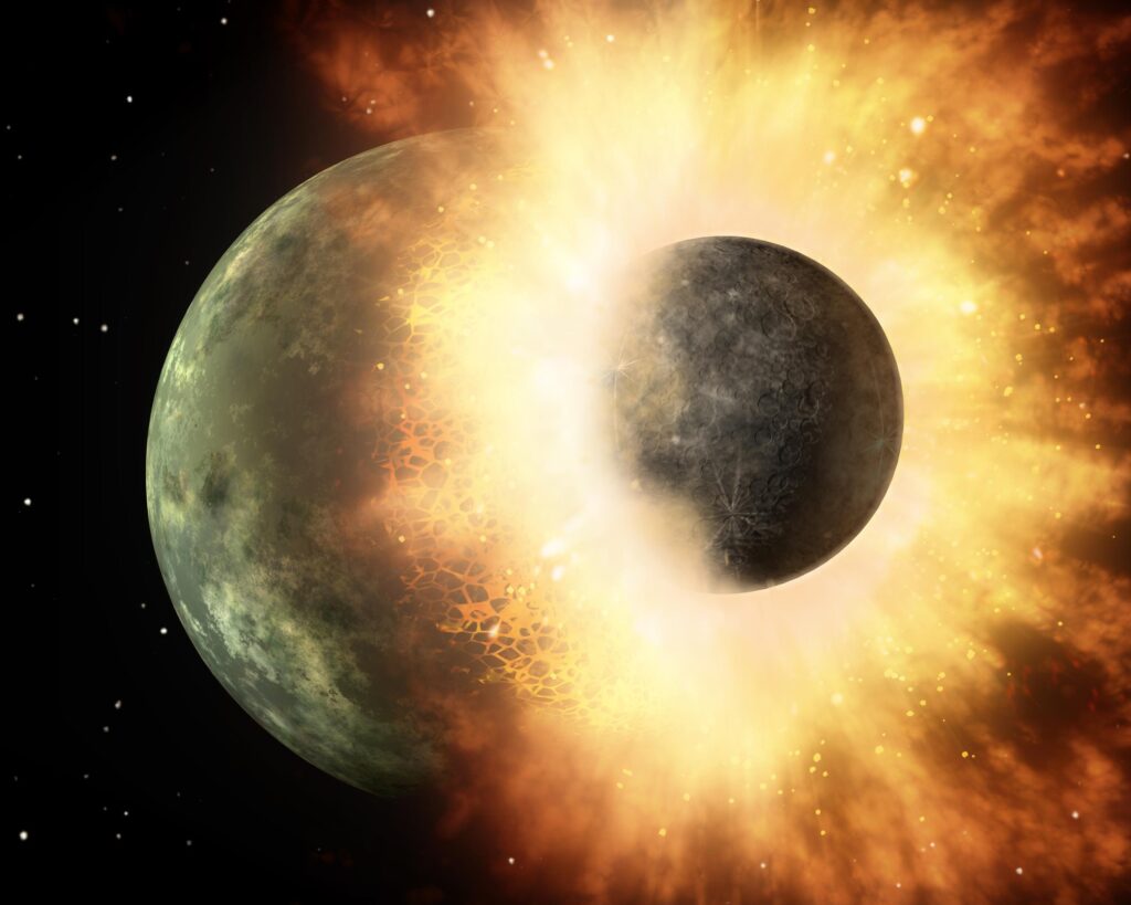 A small, rocky planet collides with a larger, greenish planet, creating a bright explosion with vivid orange and yellow hues in a starry space backdrop.