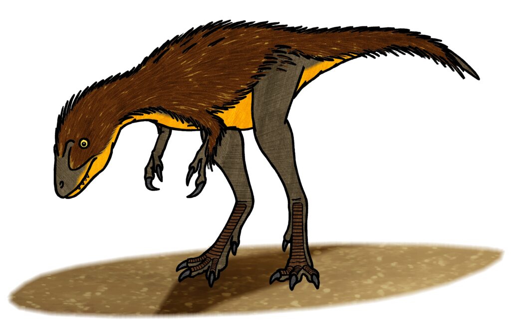 Illustration of a small, feathered dinosaur with a slender body, brown and yellow coloring, and a curious expression, standing on a textured ground.