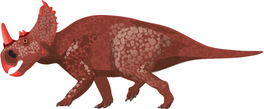 Illustration of a red dinosaur with a frilled head and short horns, featuring a textured skin pattern. The dinosaur faces left in a walking pose.