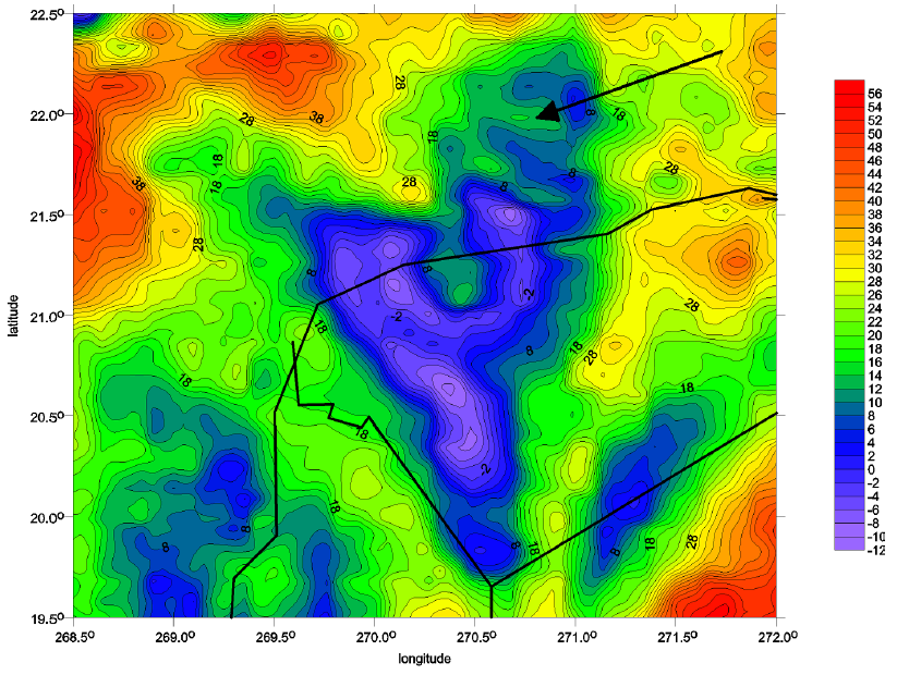 Topographic contour map with vivid colors. Blue areas show lower altitudes, transitioning to green and red for higher altitudes. Labeled contours and a black arrow are present.