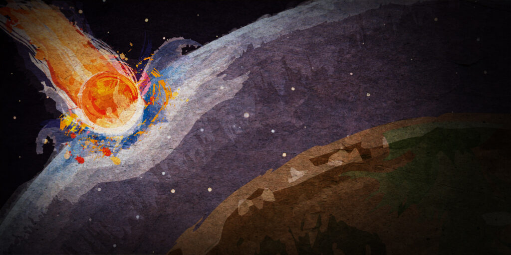 Abstract painting of a fiery comet with a vibrant tail hurtling towards Earth, conveying urgency and impact, set against a dark cosmic background.
