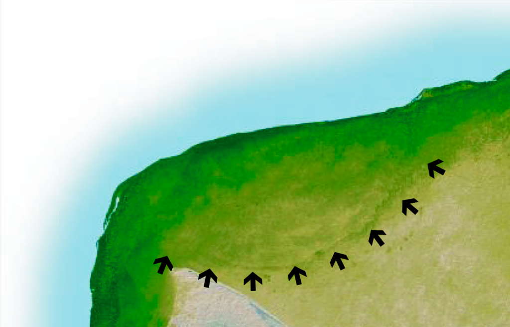 Aerial view of a coastline with lush green terrain and a cliff edge. Black arrows point to the right, indicating movement or direction. Calm and serene.