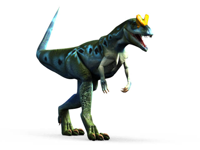 A vibrant, animated dinosaur with green and blue scales and a yellow crest on its head, stands roaring with an open mouth against a white background.
