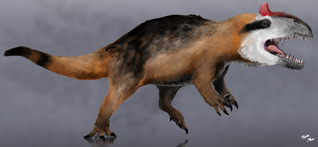 A dinosaur-like creature with a fierce expression exhibits features like a beaked snout, sharp teeth, red crest, and fur-like body covering, conveying raw power.