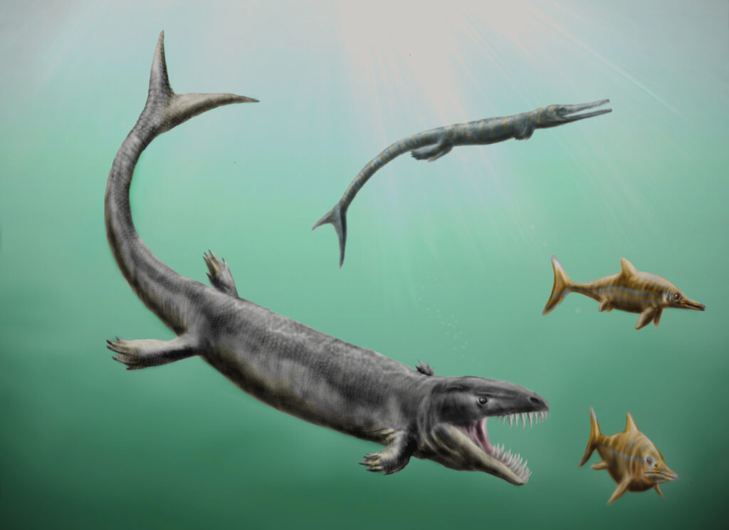 A digital illustration of prehistoric marine life, featuring a large mosasaur with an open mouth, smaller marine reptiles, and fish in a greenish underwater scene. Sunlight filters through the water, adding a dynamic and ancient ambiance.