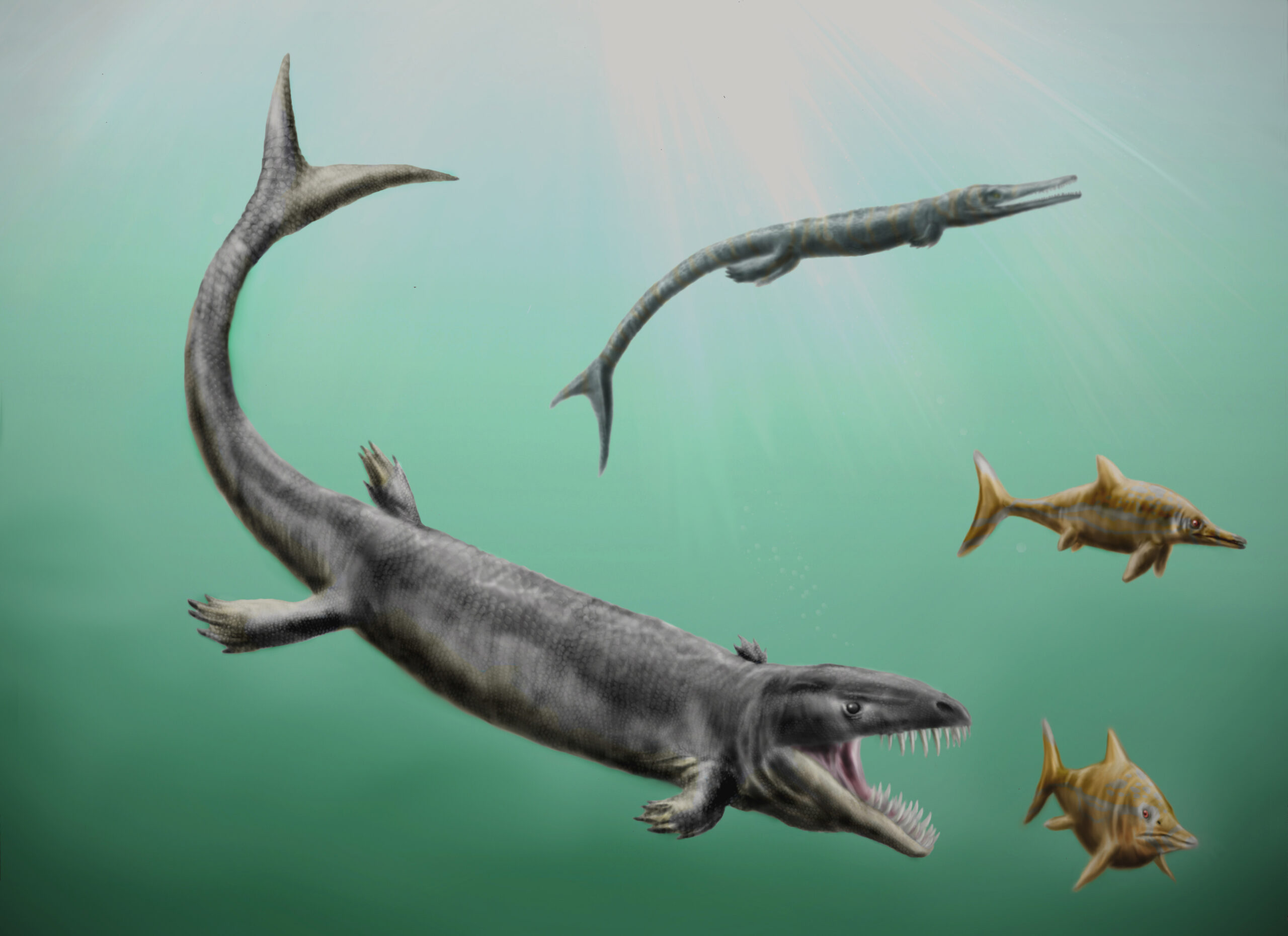 A digital illustration of prehistoric marine life, featuring a large mosasaur with an open mouth, smaller marine reptiles, and fish in a greenish underwater scene. Sunlight filters through the water, adding a dynamic and ancient ambiance.