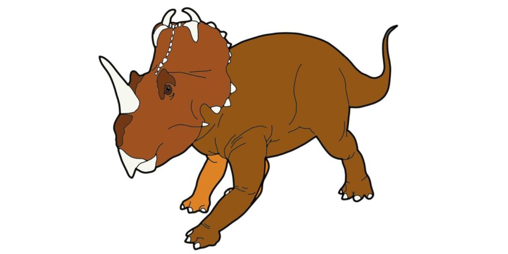 Illustration of a brown Centrosaurus dinosaur against a white background, featuring prominent horns and a frilled head, conveying a lively and prehistoric tone.
