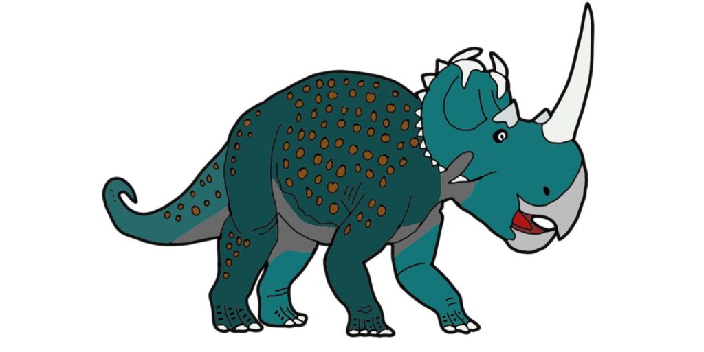 Illustrated dinosaur with teal skin, brown spots, and grey horns. It has a bumpy texture, a smiling expression, and exudes a playful tone.