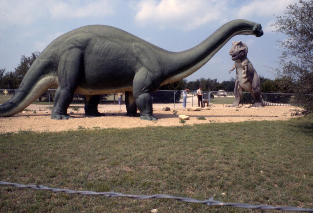 Large Brontosaurus and Tyrannosaurus rex sculptures in a park, with visitors photographing. The scene is outdoor and sunny, evoking curiosity.