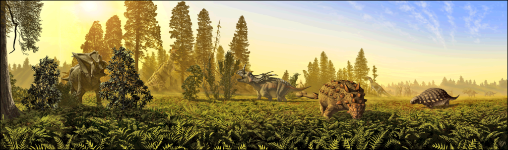Dinosaurs roam a prehistoric forest at sunrise. A Triceratops, Ankylosaurus, and other dinosaurs are surrounded by lush ferns and towering trees.