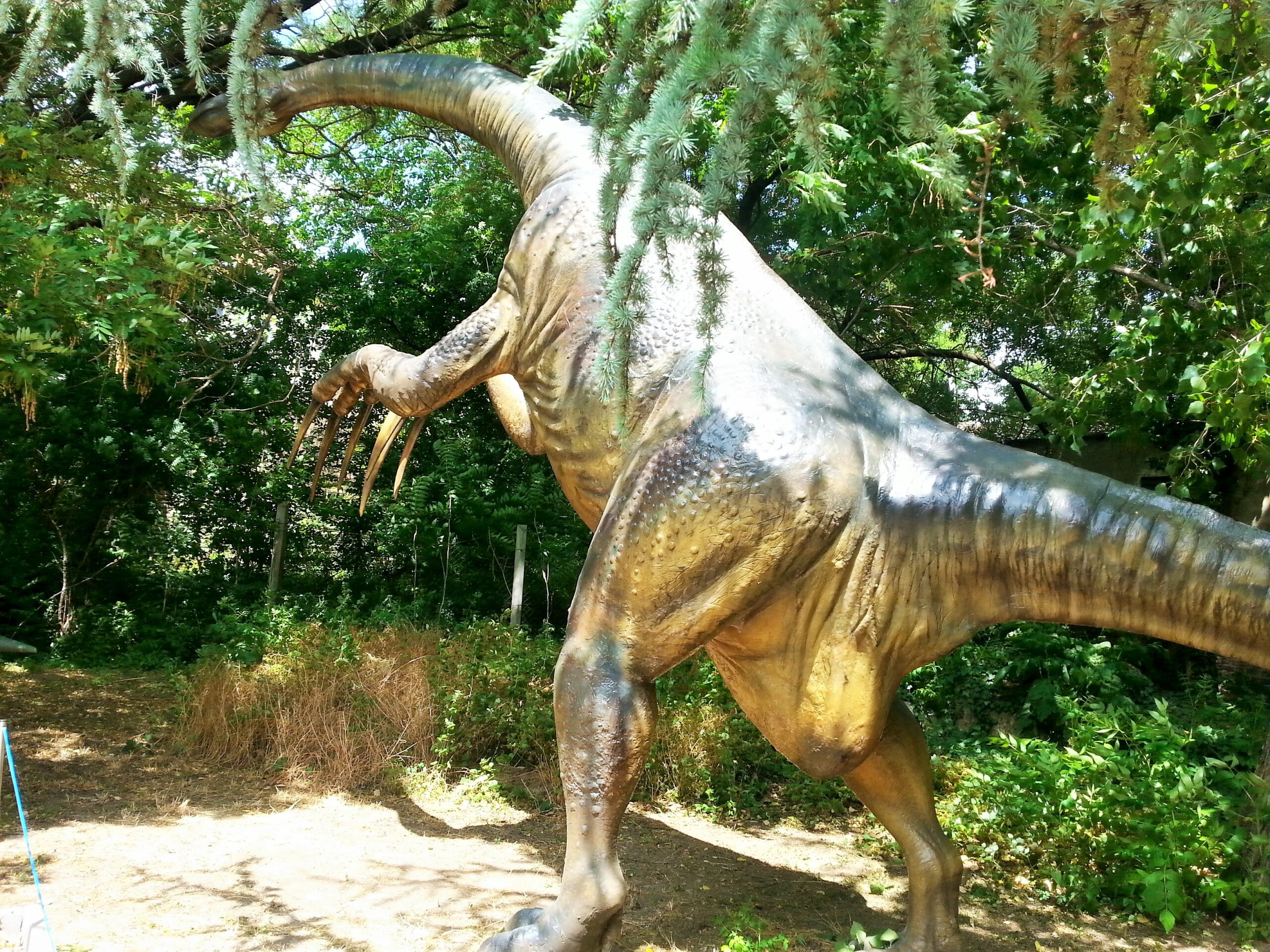 A realistic dinosaur statue stands tall in a lush, green park setting. Its long neck extends upward, while sharp claws add a sense of power and awe.