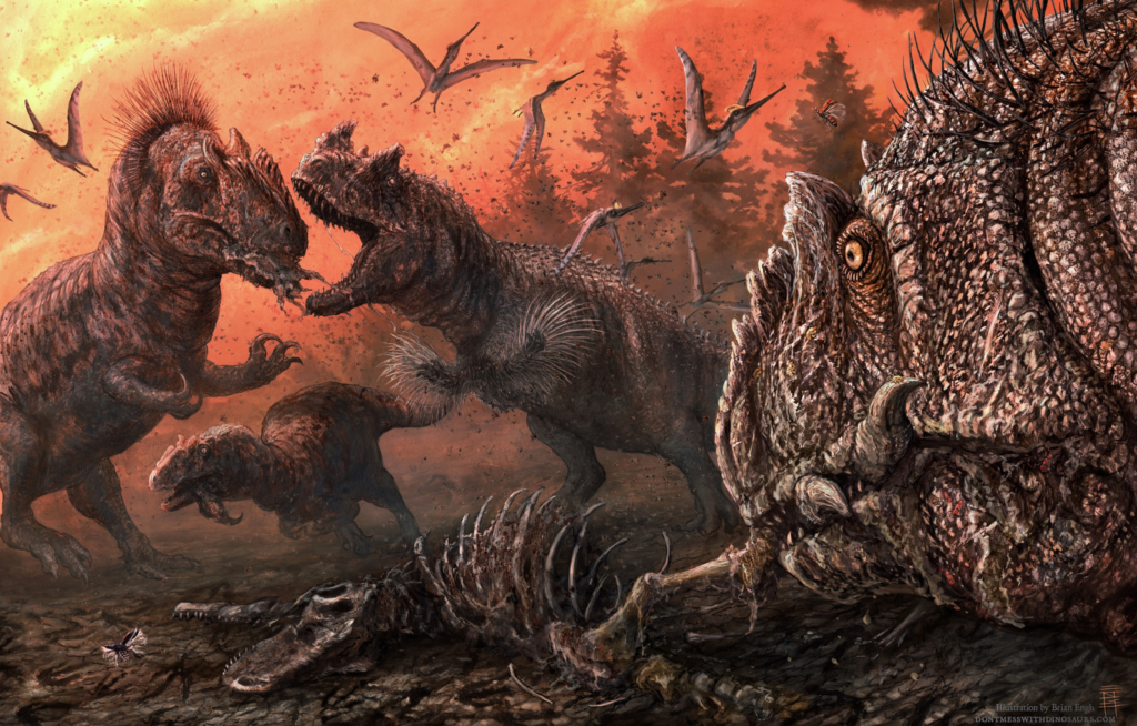 Dinosaurs battling amid a forest, with fiery, orange skies. Flying pterosaurs add chaos, while skeletal remains lie scattered on the ground. Intense and dynamic scene.