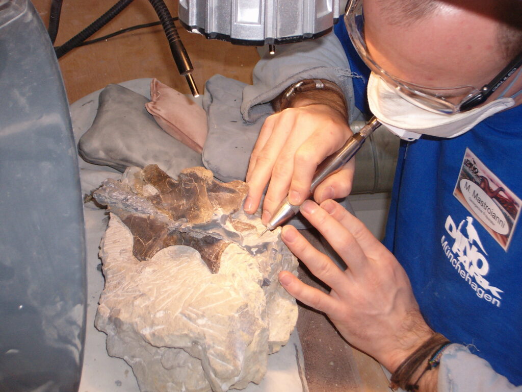 A person in goggles and a mask carefully restores a dinosaur fossil using precision tools