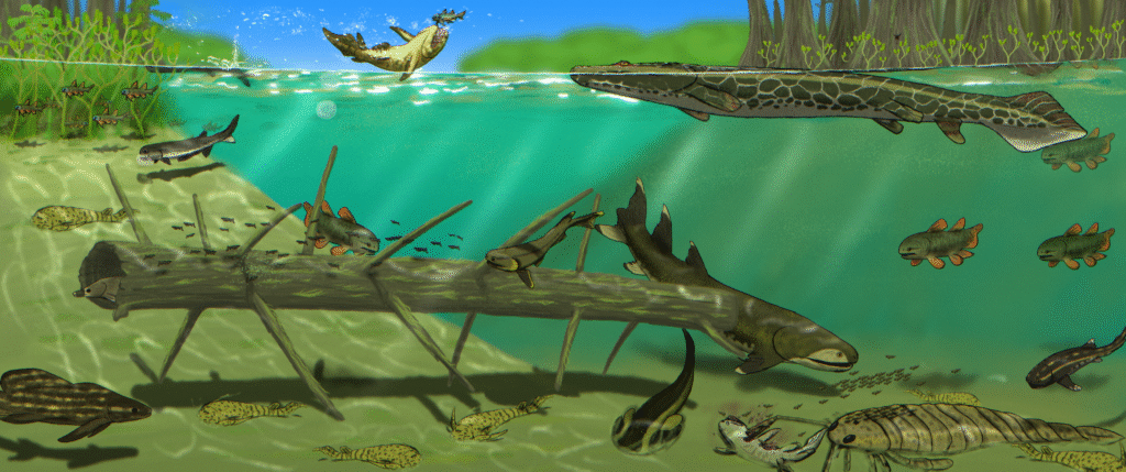 Underwater scene with diverse prehistoric fish and aquatic life near a log. A fish leaps above water, while greenery lines the shore in the background.