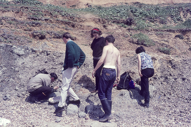 Five people are exploring a rocky, grassy hillside. One person is shirtless. The group is intently examining the ground, conveying curiosity and engagement.