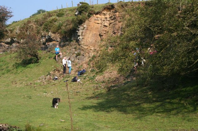 Several hikers rest near a rocky cliff in a grassy landscape. A dog stands nearby, and a fence runs along the hilltop. The mood is relaxed and scenic.
