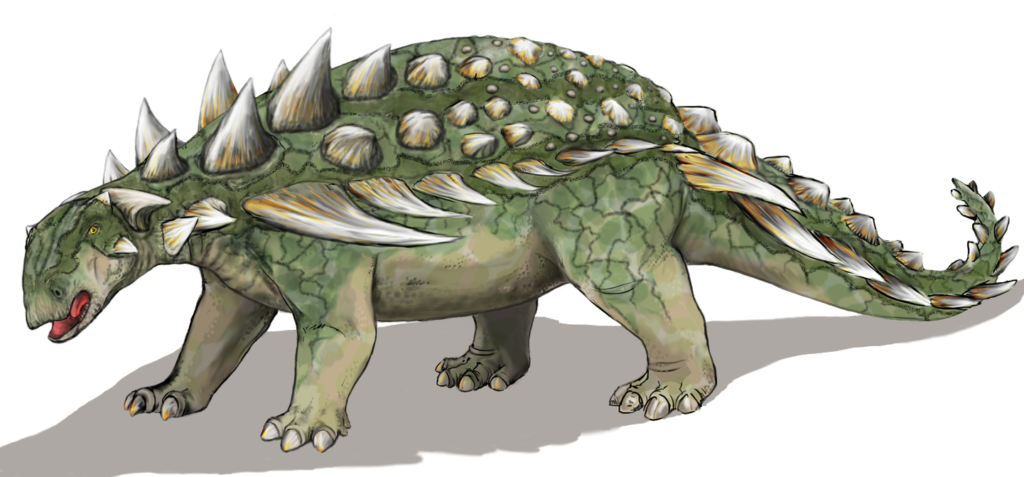 Illustration of an armored dinosaur with a green, textured body, large spikes along its back, and a clubbed tail, conveying strength and resilience.