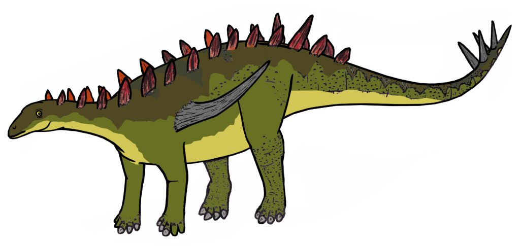 Illustration of a green-and-yellow dinosaur with red spikes along its back, a long tail, and four legs. It has a calm expression, conveying a peaceful tone.