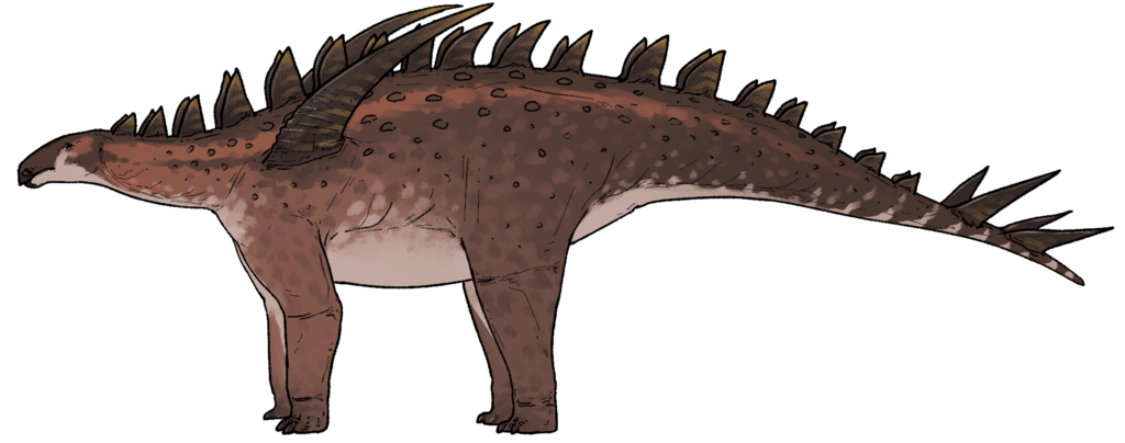 Illustration of a brown dinosaur with spiky plates along its back and tail. The creature stands on all fours, conveying strength and ancient majesty.