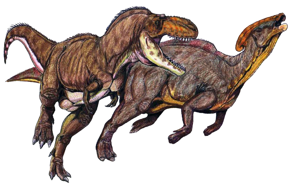 Two dinosaurs engaged in a dynamic chase, with a carnivorous dinosaur biting the back of a herbivorous one. The image is detailed and action-packed.