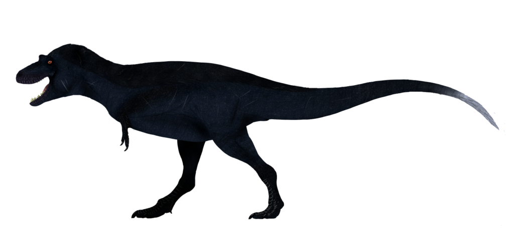 Illustration of a black T-Rex dinosaur in profile, showing an open mouth with sharp teeth and fierce expression. Its body is dark and textured, with a long tail.